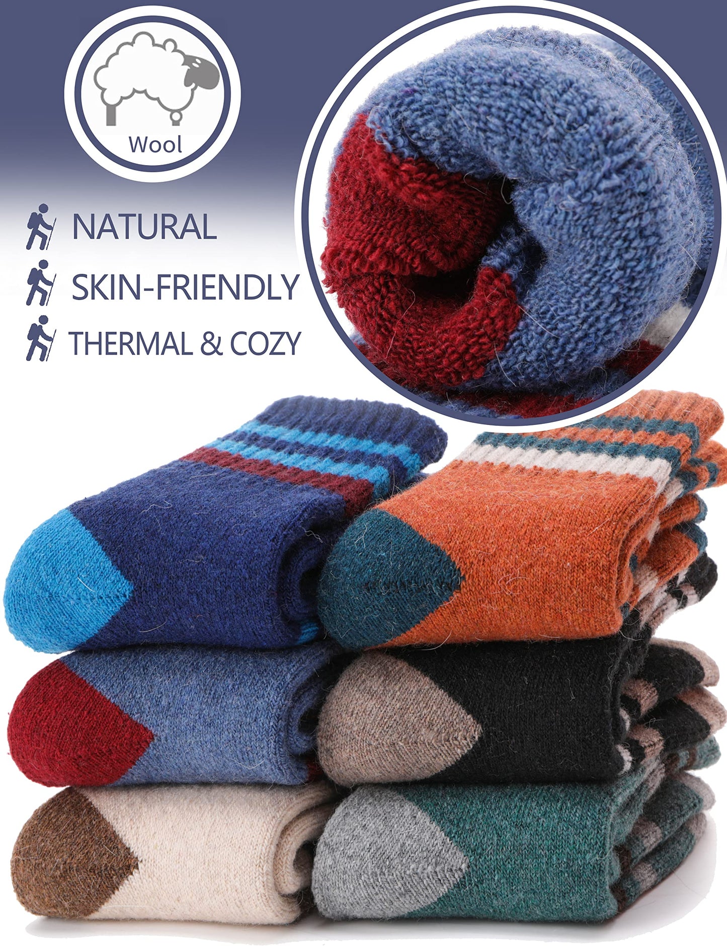 Anlisim Kids Merino Wool Hiking Socks Boys Girls Toddlers Thermal Winter Warm Boot Thick Cushion Snow Ski Gift Stocking Stuffer Socks 6 Pairs (Stripe, 12-15 Y)