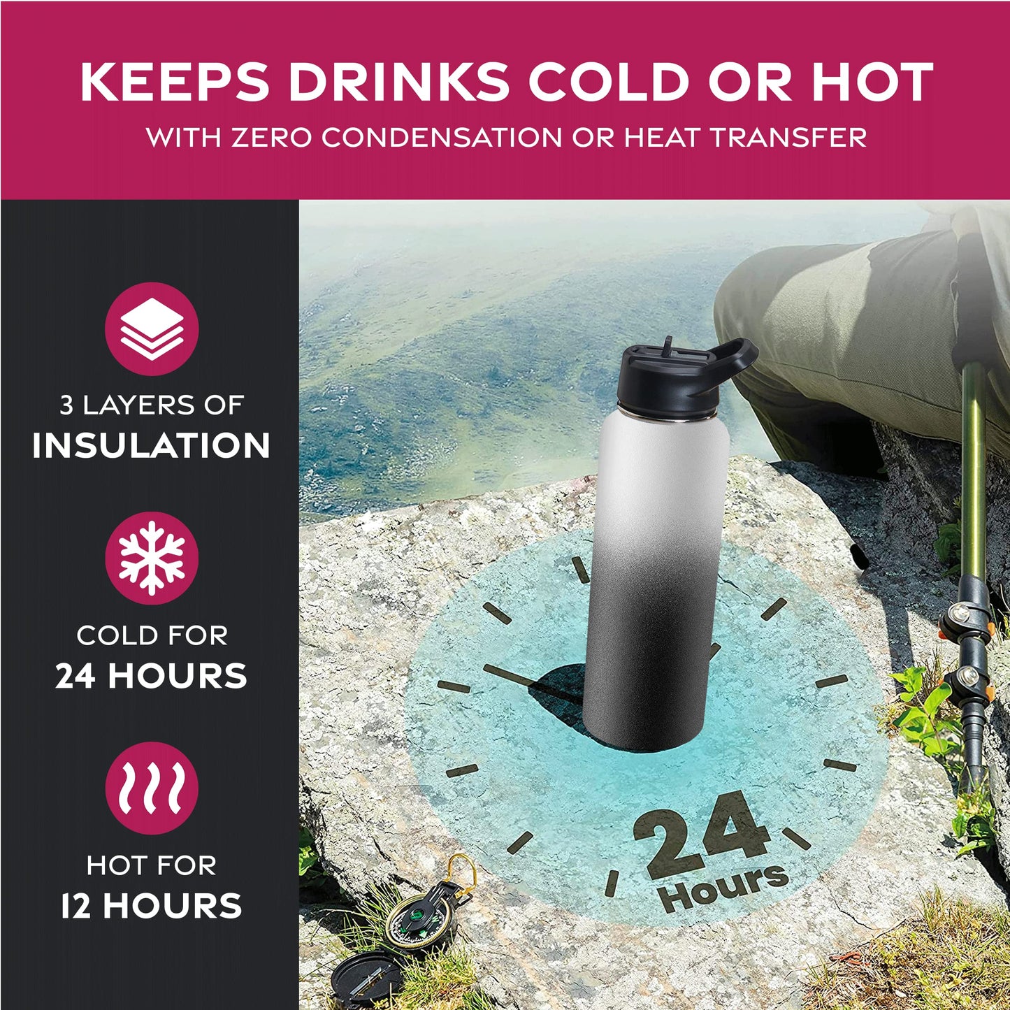 FineDine Triple Walled, Insulated Water Bottles with Straw - 40 Oz Stainless Steel Metal Bottle W/ 3 Leak Proof Lids - For Travel, School, Sports, Gym / Men, Women & Kids - Dreamy Black-White