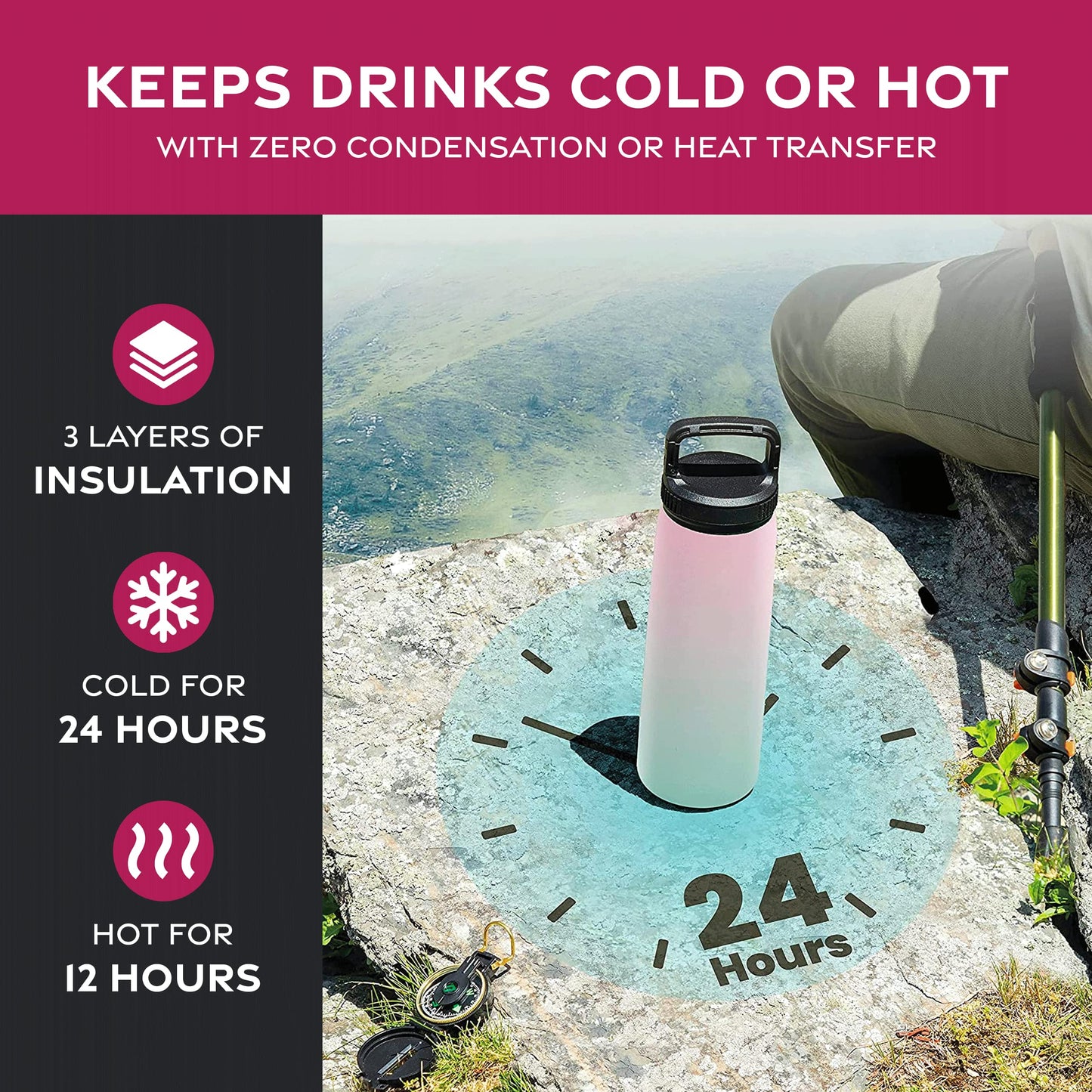 FineDine Triple Walled, Insulated Water Bottles with Straw - 25 Oz Stainless Steel Metal Bottle W/ 3 Leak Proof Lids - For Travel, School, Sports, Gym / Men, Women & Kids - Dreamy Pink-Green