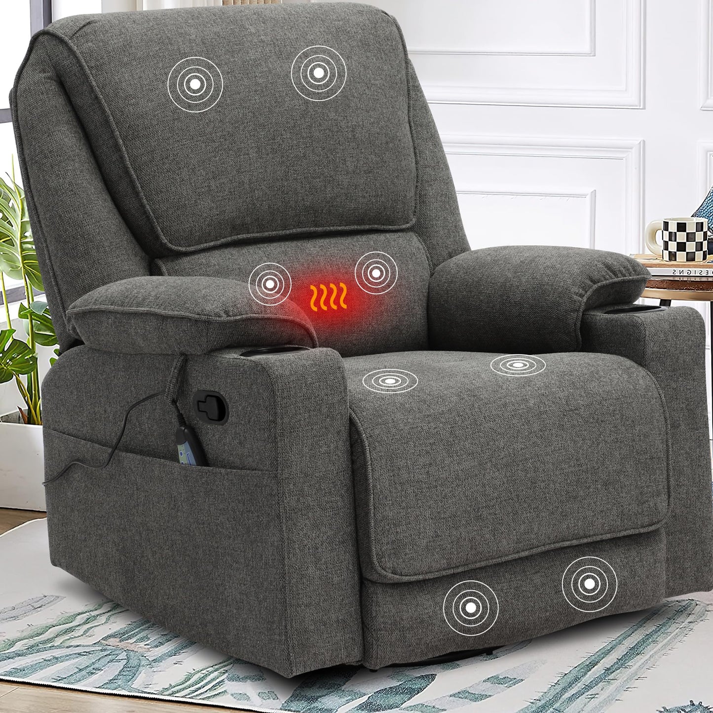 KIGOTY Recliner Chair Swivel Glider with Cup Holder, Recliners with Massage and Heating, Manual Reclining Chair with Footrest and 360 Swivel Rotation Base for Living Room (Dark Grey)