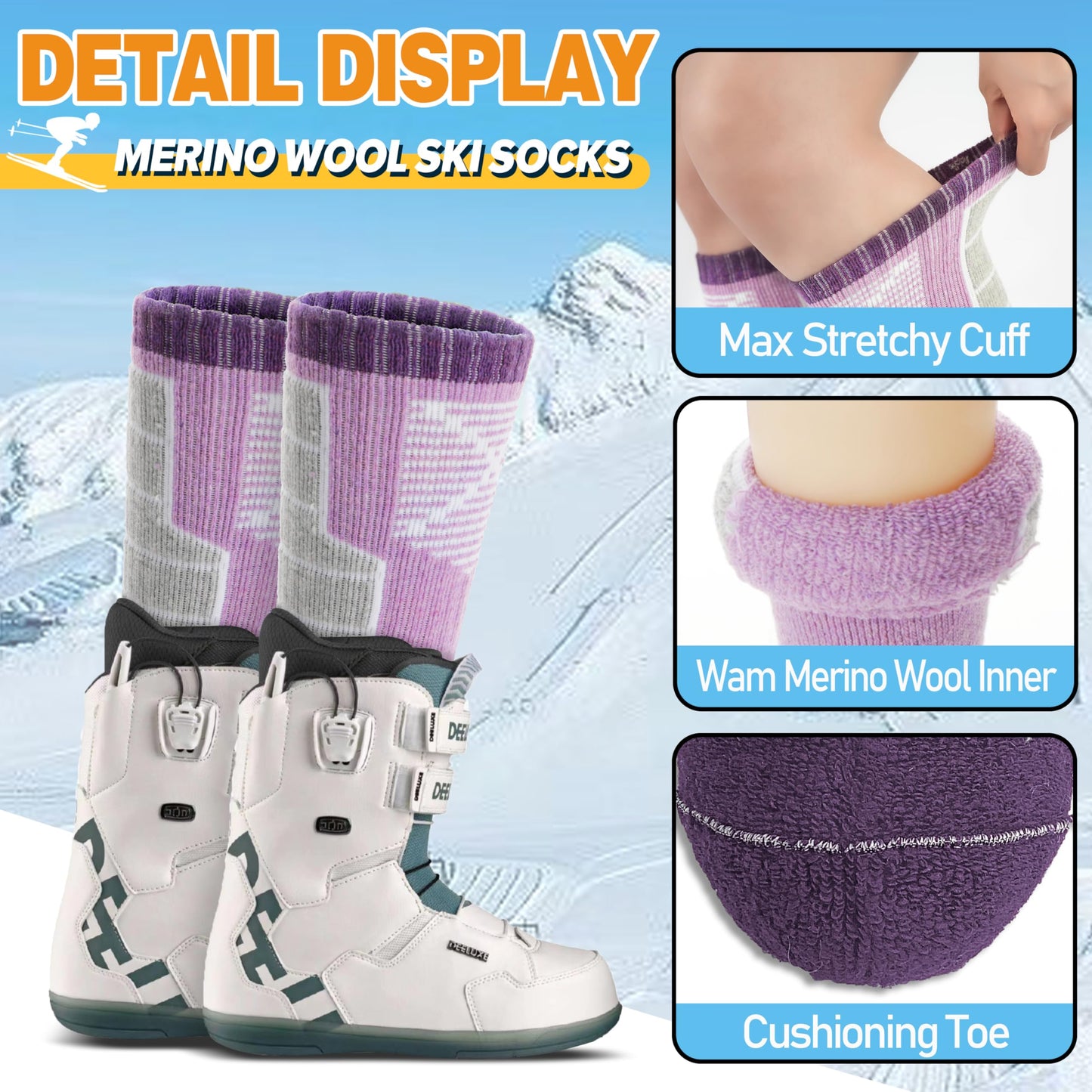 Anlisim Kids Merino Wool Ski Socks 3 Pairs Girls Boys Thermal Winter Warm Thick Breathable Socks for Skiing Snowboarding (Mixed,4-7 Years)