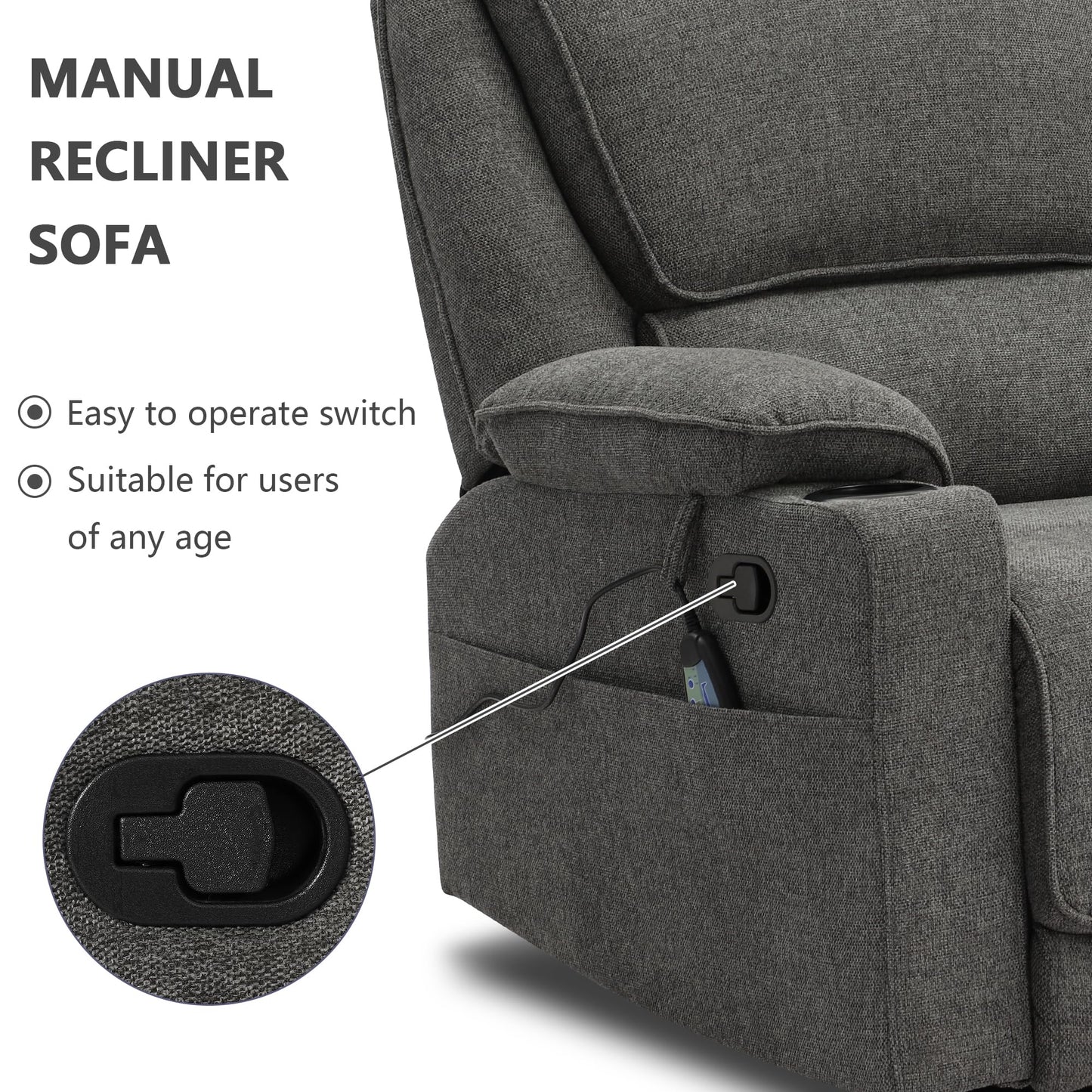 KIGOTY Recliner Chair Swivel Glider with Cup Holder, Recliners with Massage and Heating, Manual Reclining Chair with Footrest and 360 Swivel Rotation Base for Living Room (Dark Grey)