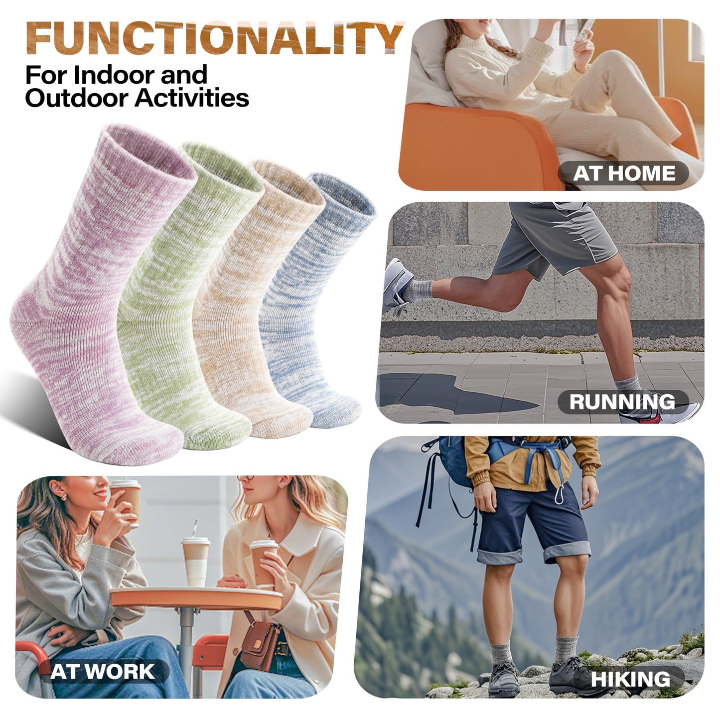Anlisim Merino Wool Warm Boot Hiking Socks Thermal Extra Thick Winter Cozy Crew Comfy Cushioning Work Women Men Socks 4 Pairs(Color Mix,M)