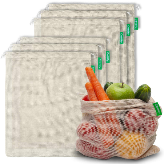 12+1 Reusable Produce Bags Grocery Washable, Organic Cotton Mesh Produce Bags, Double-Stitched & Tare Weigh, Mesh bags for vegetables, Cotton Produce Bags Reusable Washable, Produce bag 4xS, 4xM, 4xL