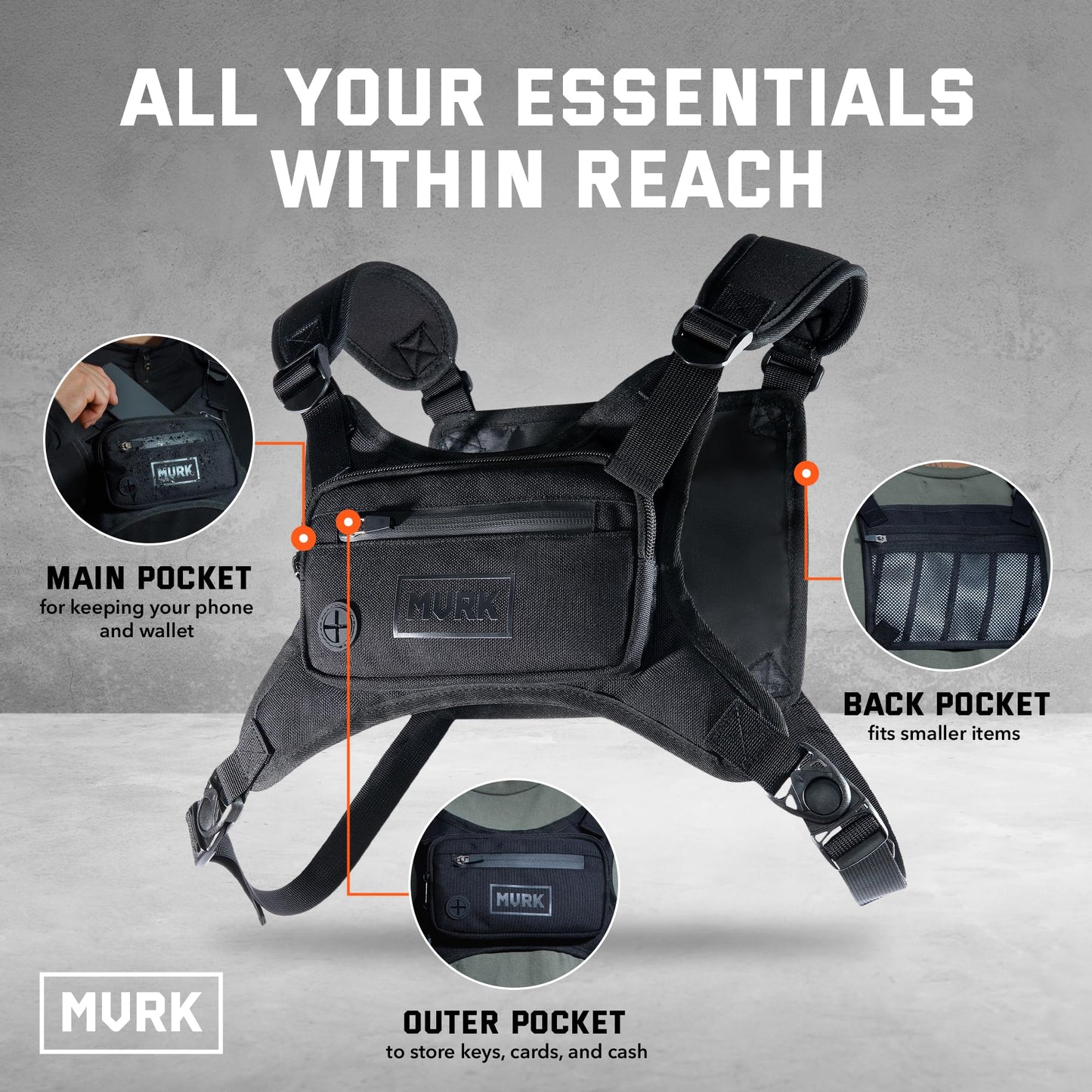 MVRK Water Resistant Chest Pack - Minimalist Running Pack For Workouts, Running Phone Holder With Extra Storage, Lightweight Running Vest, Running Backpack With Reflective Print (Olive)