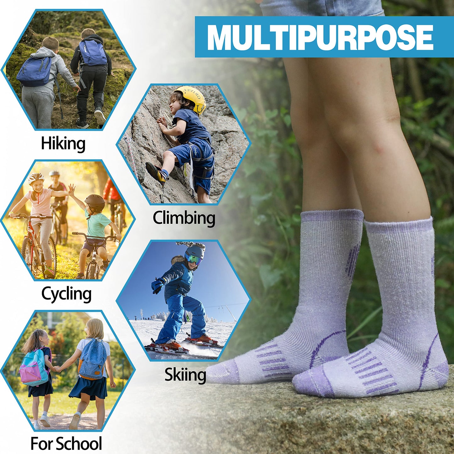 Anlisim Kids Merino Wool Hiking Socks Boys Girls Thermal Winter Warm Boot Thick Snowboarding Socks 4 Pairs for Teen for Teen(Four Mix,4-7 Y)
