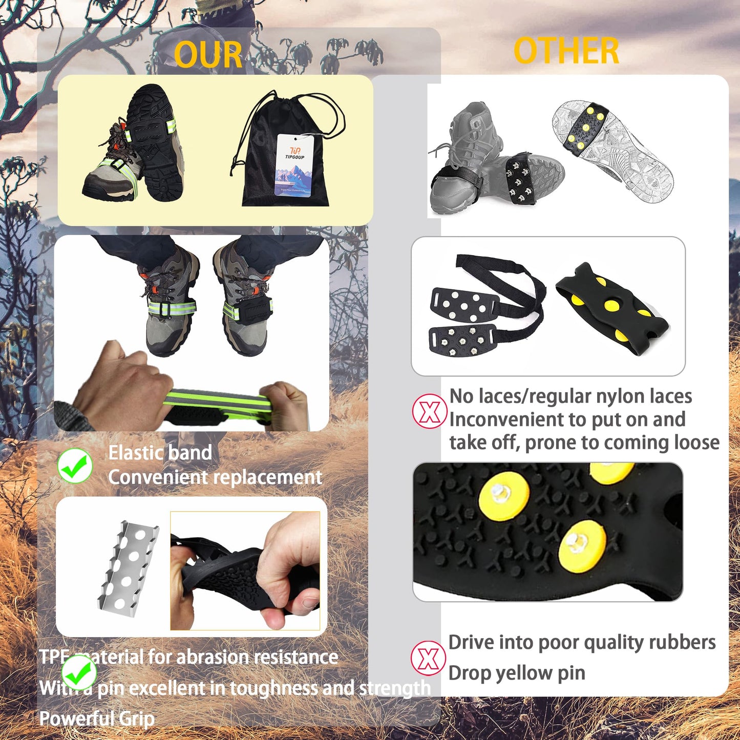 Ice Cleats Mid-Sole Snow Traction Cleats Crampons Easily Rotate Non Slip Grippers for Shoes and Boots Winter Walking on Snow Ice for Men Women,Yellow