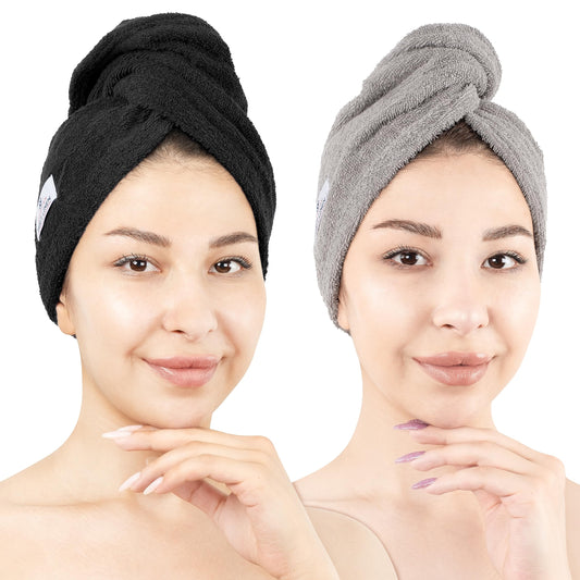 American Soft Linen 100% Cotton Hair Towels for Women, Head Towel Cap, Cotton Hair Turban Towel Wrap, Soft and Absorbent 2 Pack, Black-Light Gray