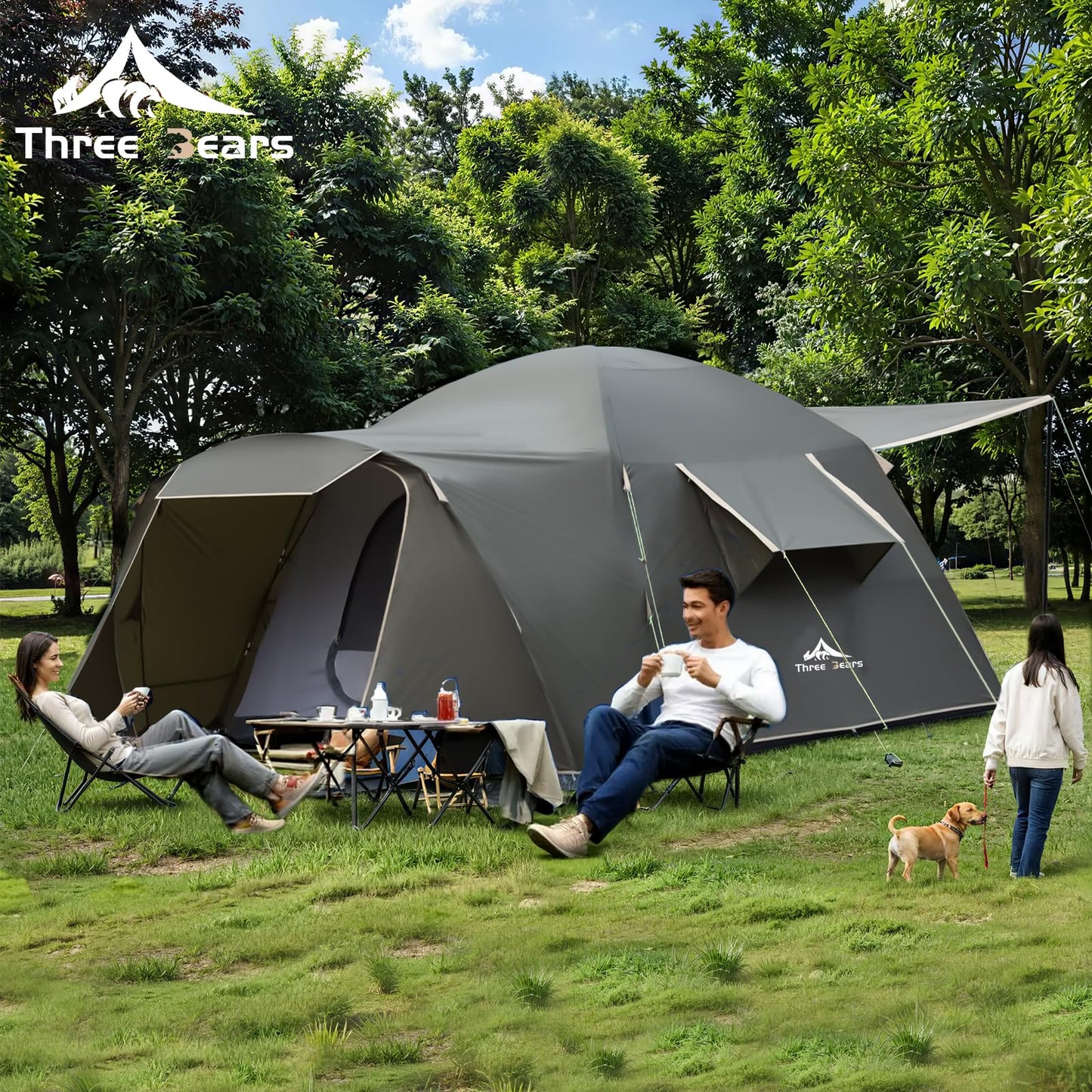 Three Bears Outdoor 6 Person Camping Tent - Waterproof Windproof Double Layer Design - Family and Car Camping - with Carry Bag and Storage Pouch - 76 Inches High (Dark Green)