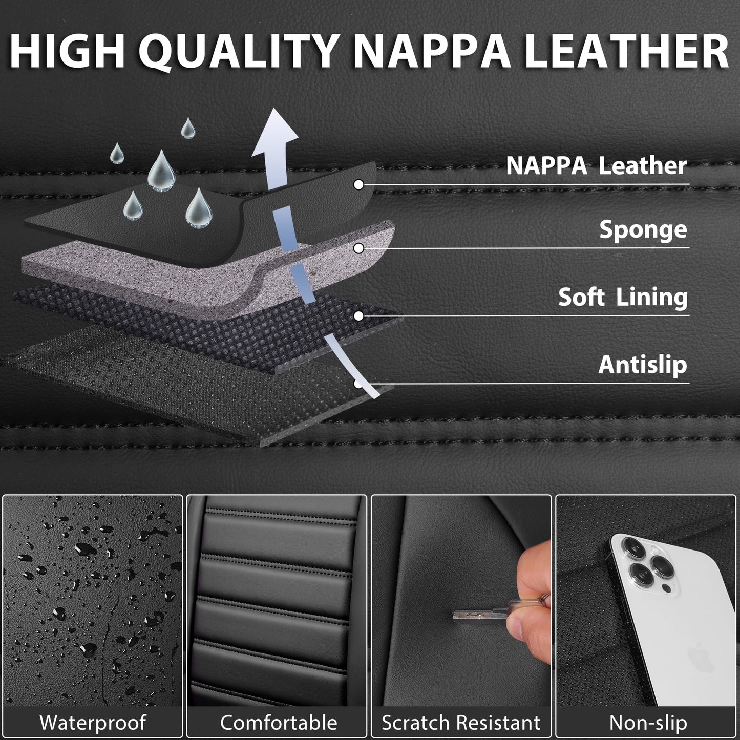 CAR PASS Nappa Leather Car Seat Covers Full Set, Luxury Seat Protector for Cars, Waterproof Anti-Slip Car Seat Cushion Armrest Compatible Airbag Universal for Sedan SUV Pick-up Truck Automotive, Black