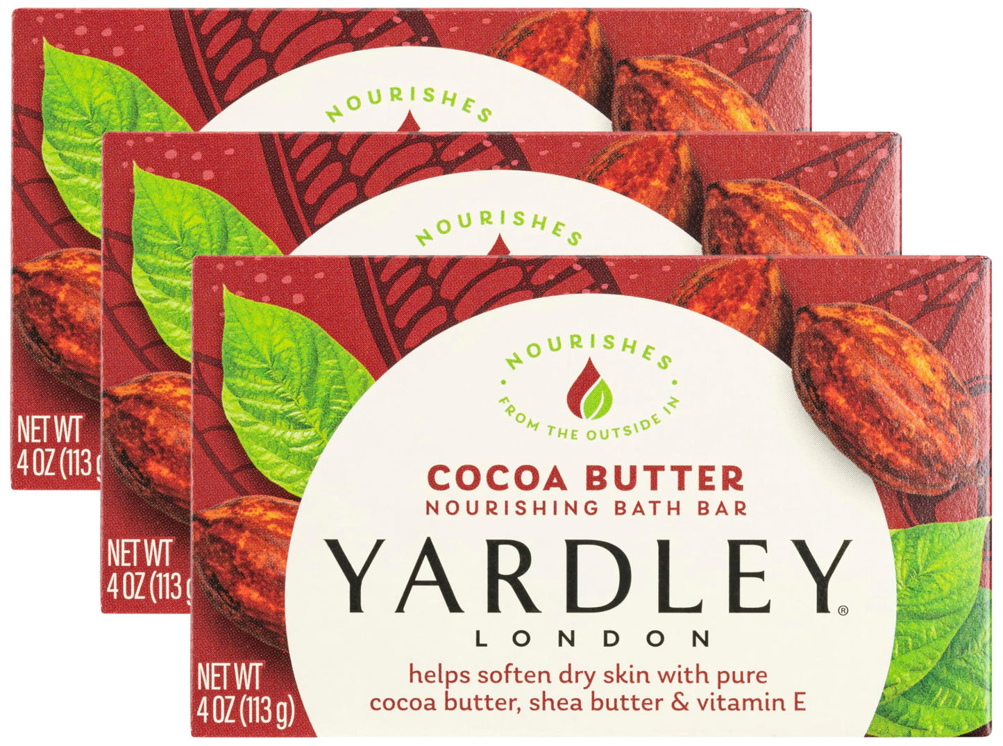 Yardley London Nourishing Bath Soap Bar Cocoa Butter, Helps Soften Dry Skin with Pure Cocoa Butter, Shea Butter & Vitamin E, 4.0 oz Bath Bar, 1 Soap Bar (Pack of 3)