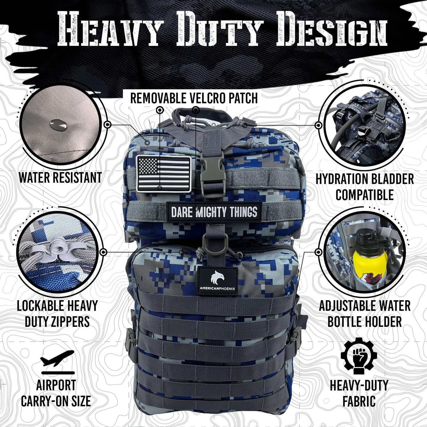 AMERICANPHOENIX 45L Elite Tactical Backpack | 3X Stronger Work & Military Backpack | Water Resistant and Heavy Duty | 3 Day MOLLE Bug Out Bag (Blue Jay)