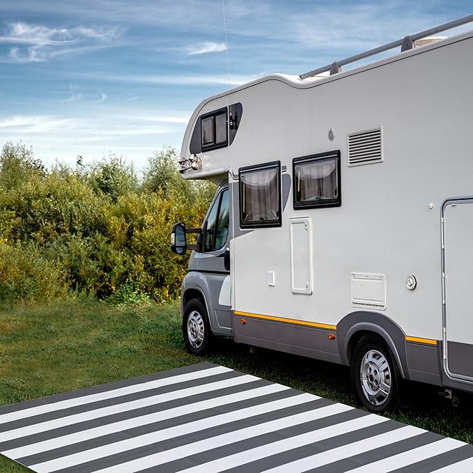 FH Home Outdoor Rug - Waterproof, Fade Resistant, Reversible - Premium Recycled Plastic - Striped - Large Patio, Deck, Sunroom, RV, Camping - Brittany Stripe - Gray & White - 9 x 12 ft Foldable