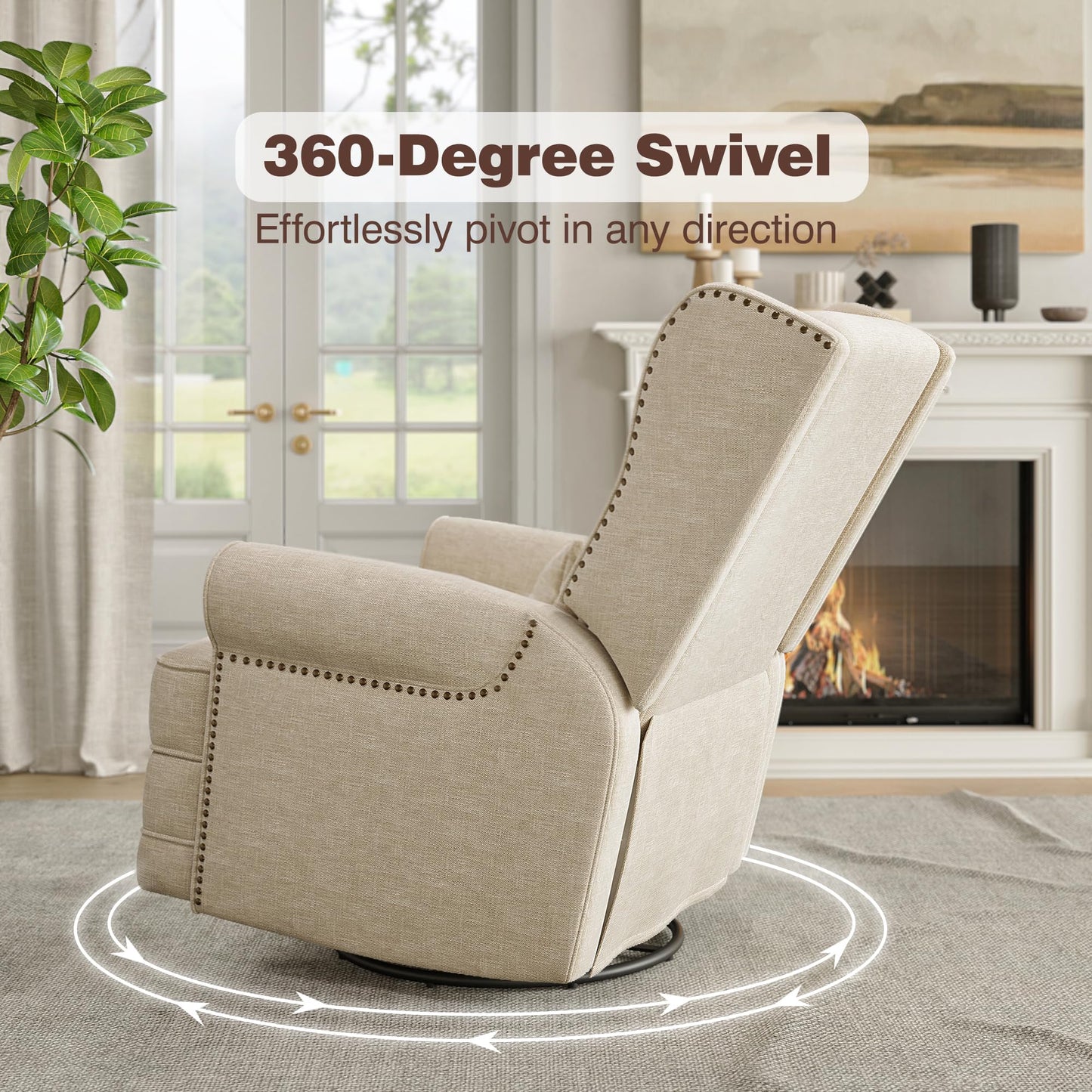 RoyalCraft Swivel Recliner Chair with Extra Large Footrest, Comfy Upholstered Glider Rocking Chair for Living Room, Bedroom and Ofice, Beige
