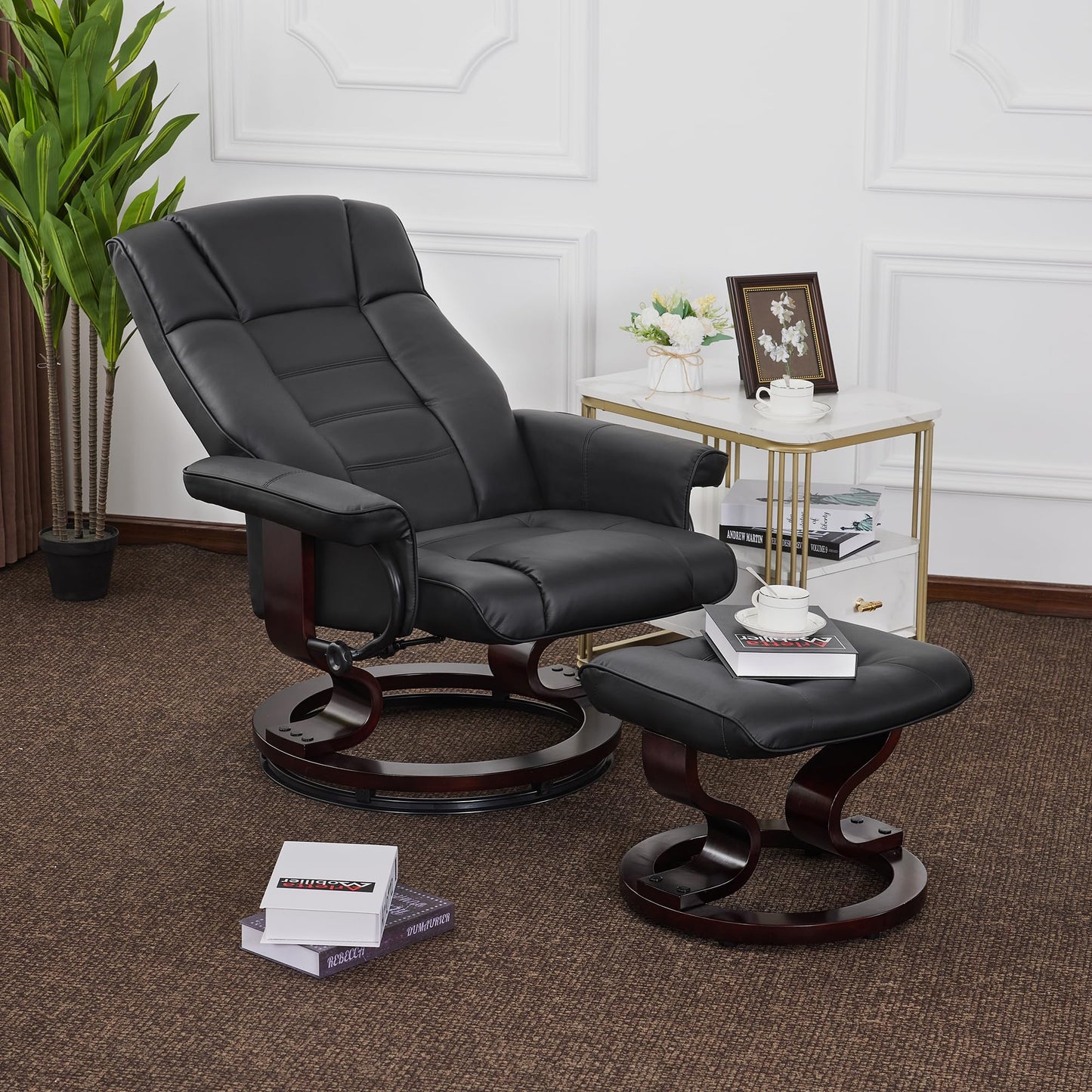 MCombo Manual Swivel Recliner with Ottoman, Chair Ottoman Set for RV Small Spaces, Living Room, Bedroom, Office 9019 4919 (Faux Leather, Black)