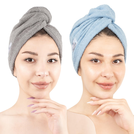American Soft Linen 100% Cotton Hair Towels for Women, Head Towel Cap, Cotton Hair Turban Towel Wrap, Soft and Absorbent 2 Pack, Light Gray-Sky Blue