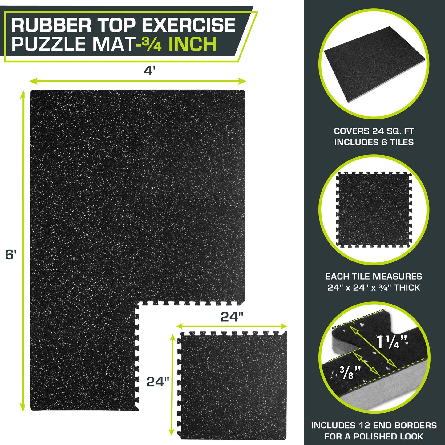 ProsourceFit Rubber Top Exercise Puzzle Mat 3/4-inch, 24 SQFT, 6 Tiles, EVA Foam Interlocking Tiles for Home Gym Protective Flooring for Equipment and Workouts, Grey