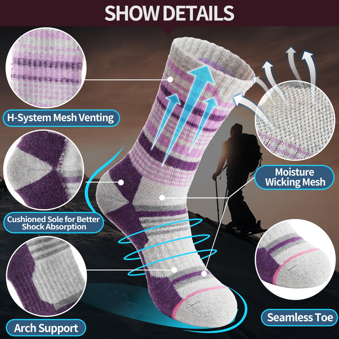 Anlisim Merino Wool Hiking Socks for Women Thermal Winter Warm Thick Work Cushion Gifts Socks 5 Pairs Stocking Stuffers(Colorful,M)