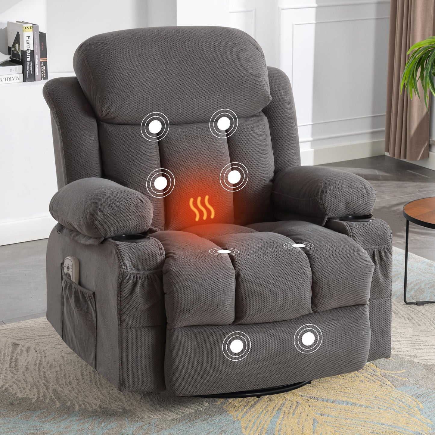BOSMILLER Massage Recliner Chair, Swivel and Rocking Recliner with Heat and Vibration, Breathable Fabric Ergonomic Single Sofa Chair for Living Room with Cup Holders, Side Pockets and USB (Grey)