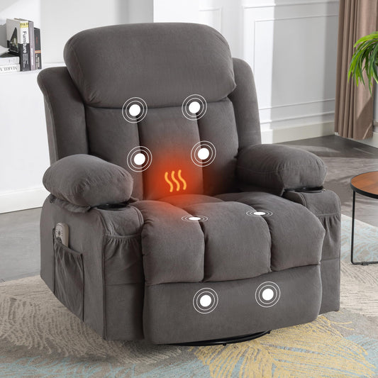 BOSMILLER Massage Recliner Chair, Swivel and Rocking Recliner with Heat and Vibration, Breathable Fabric Ergonomic Single Sofa Chair for Living Room with Cup Holders, Side Pockets and USB (Grey)