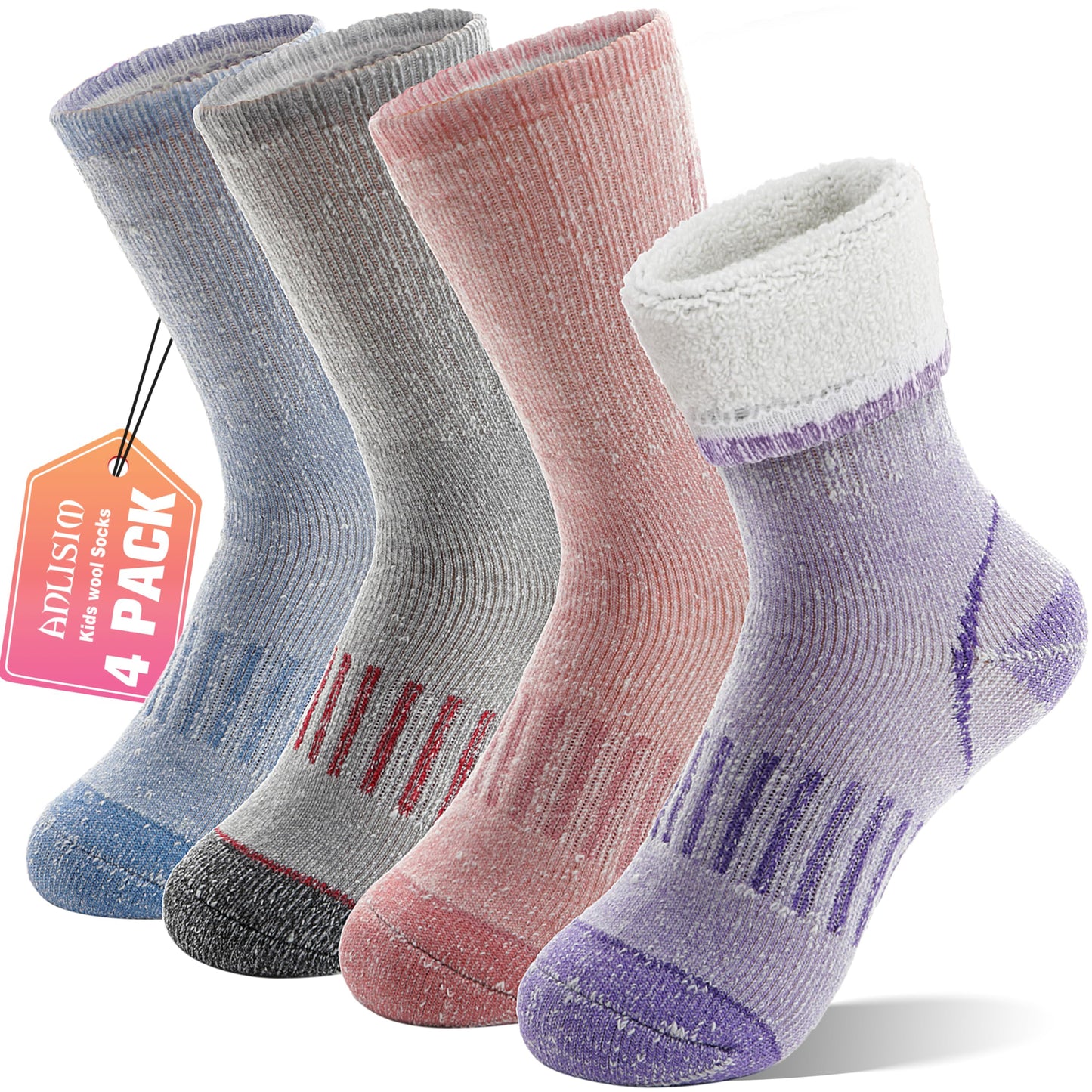Anlisim Kids Merino Wool Hiking Socks Boys Girls Thermal Winter Warm Boot Thick Snowboarding Socks 4 Pairs for Teen for Teen(Four Mix,4-7 Y)
