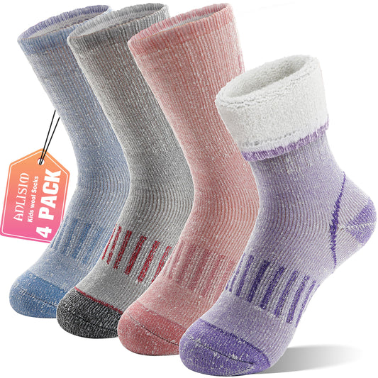 Anlisim Kids Merino Wool Hiking Socks Boys Girls Thermal Winter Warm Boot Thick Snowboarding Socks 4 Pairs for Teen(Four Mix,8-12 Y)