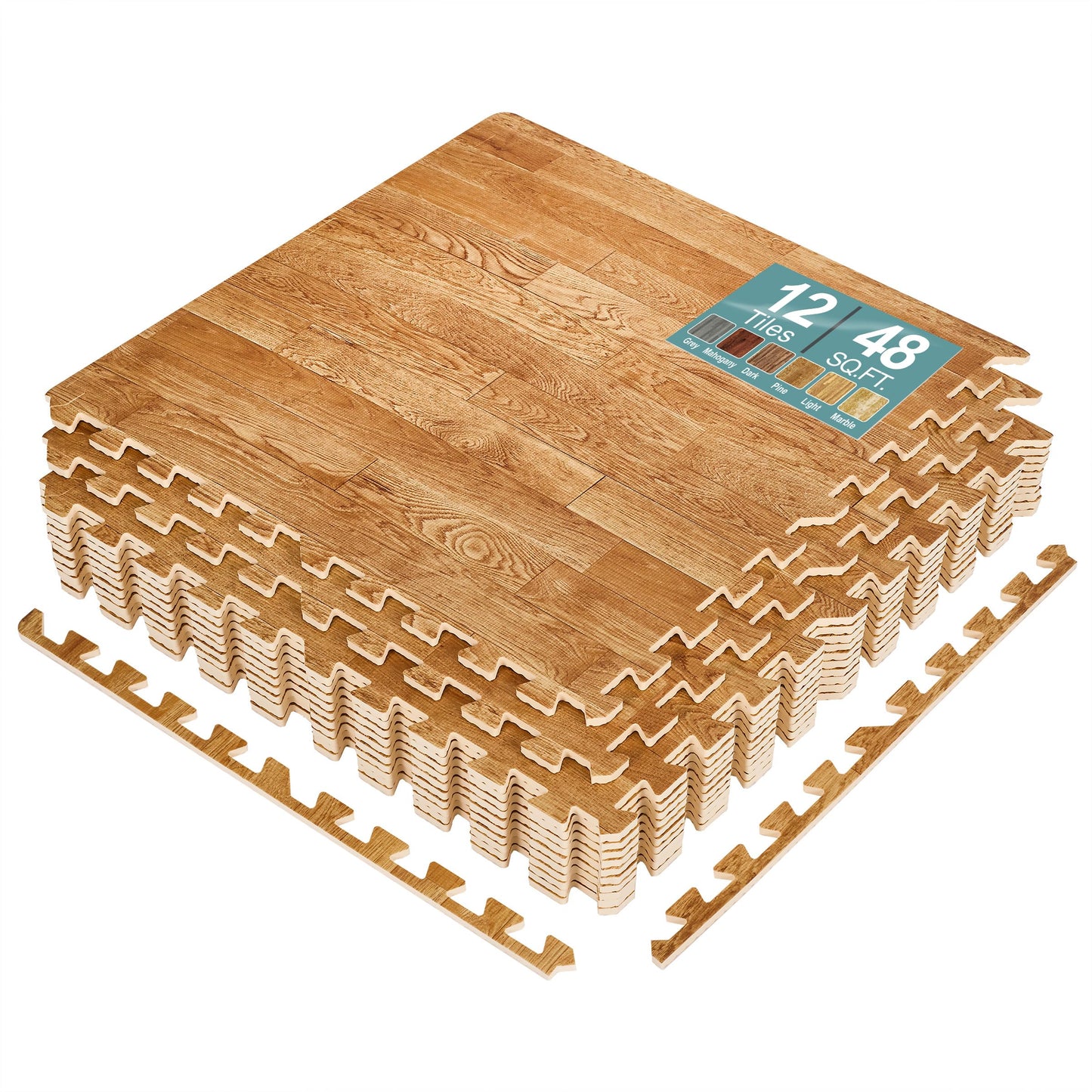 Sorbus 48Sq. Ft. Wood Grain Floor Tiles Foam Mat EVA Interlocking Mats Tile 3/8-Inch Thick Flooring Wood Puzzle Exercise Mats w/Borders - Home Playroom Basement, Apartment, Trade Show, Baby, Dance