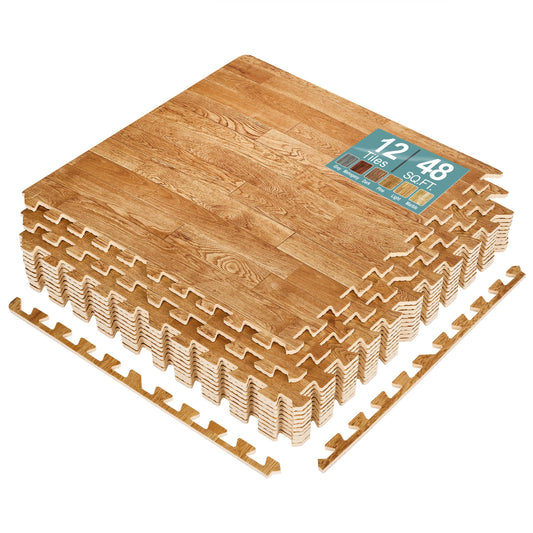 Sorbus 48Sq. Ft. Wood Grain Floor Tiles Foam Mat EVA Interlocking Mats Tile 3/8-Inch Thick Flooring Wood Puzzle Exercise Mats w/Borders - Home Playroom Basement, Apartment, Trade Show, Baby, Dance