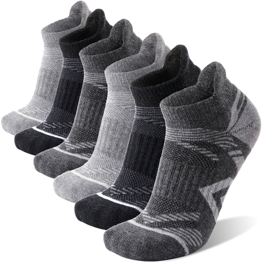 ANTSANG Merino Wool Ankle Hiking Socks Compression Warm Thermal Thick Cushion Winter Running No Show Moisture Wicking Socks Gifts Stocking Stuffers for Women Men 6 Pairs(Black Grey,L)