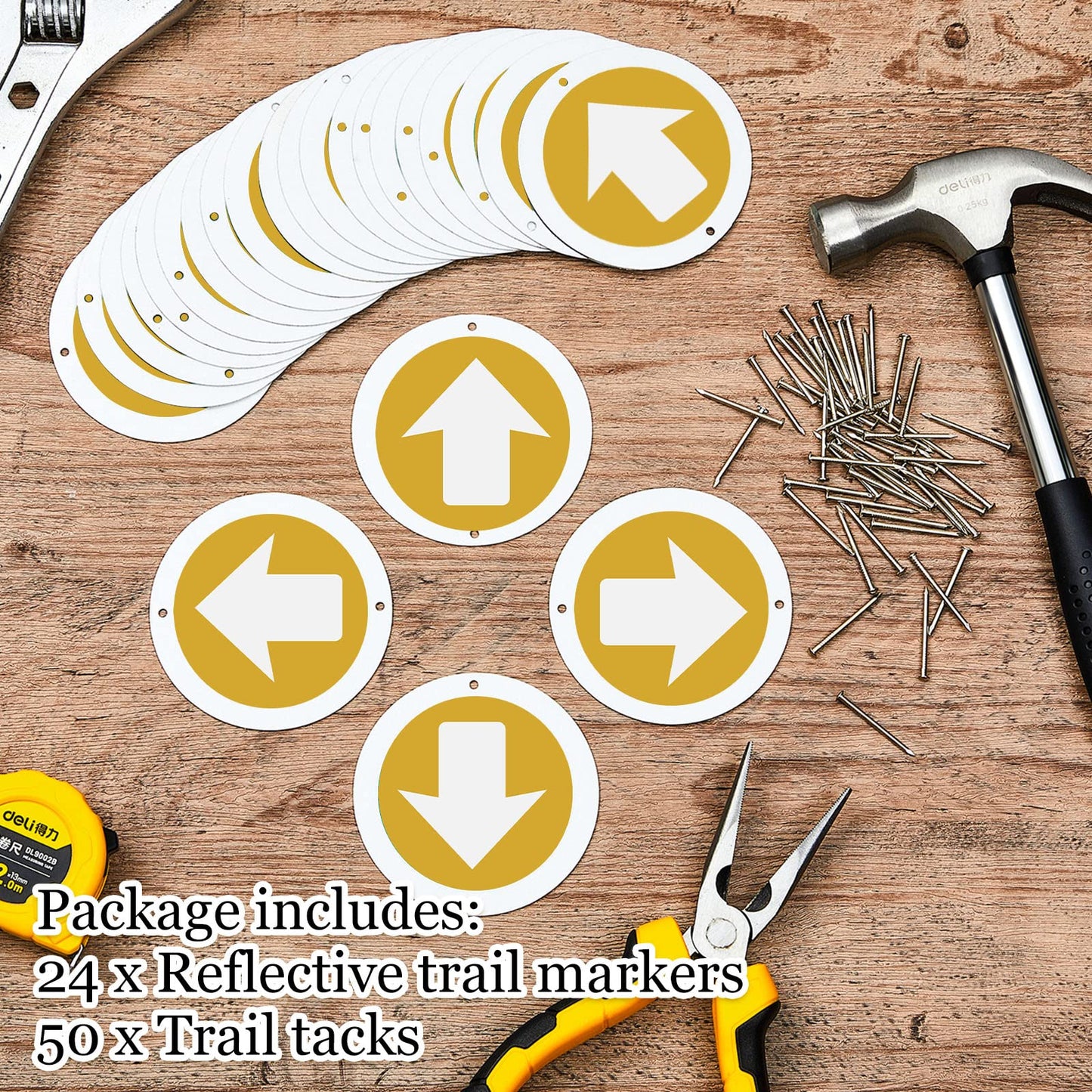 Amylove 24 Pieces Bright Trail Markers Reflective Trail Marker Round Trail Markers for Trees with 50 Trail Tack for Hunting Hiking Camping Tree Stand Outdoor