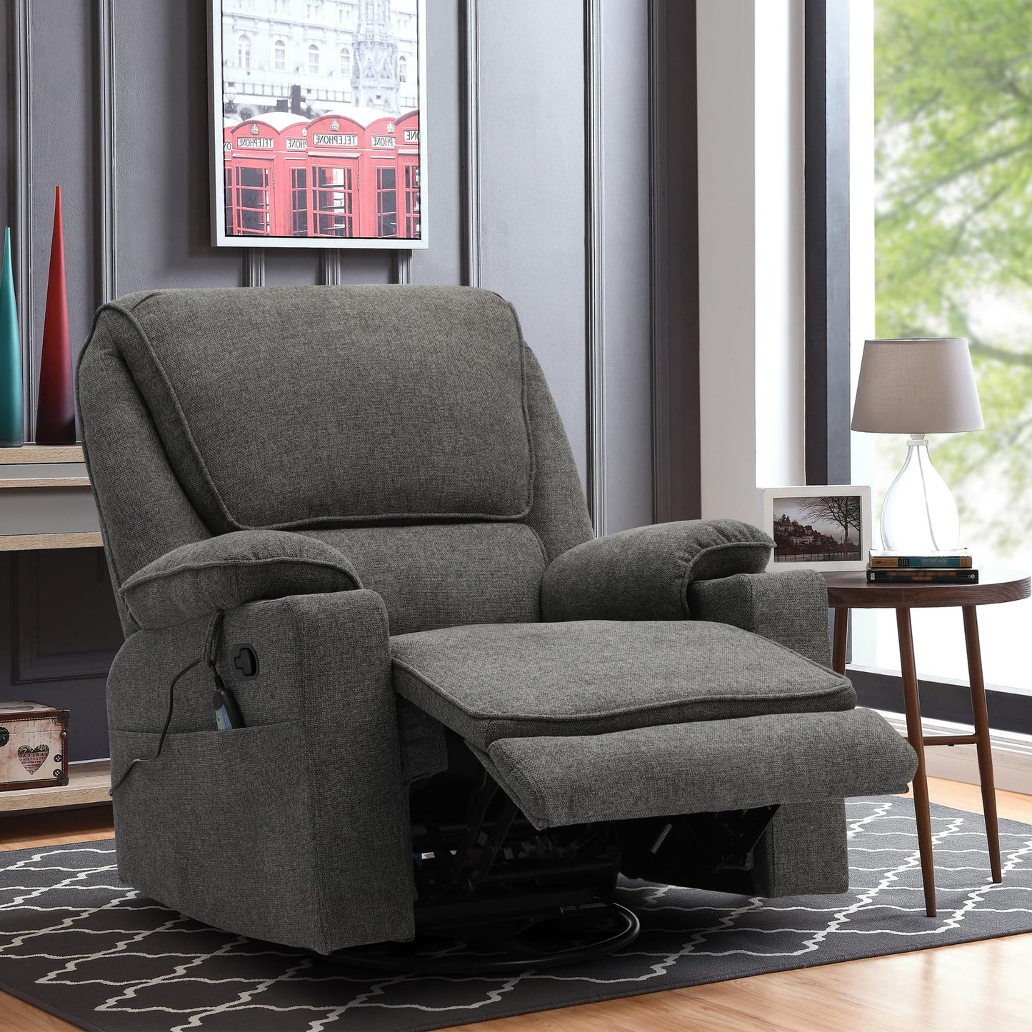 KIGOTY Recliner Chair Swivel Glider with Cup Holder, Recliners with Massage and Heating, Manual Reclining Chair with Footrest and 360 Swivel Rotation Base for Living Room (Dark Grey)