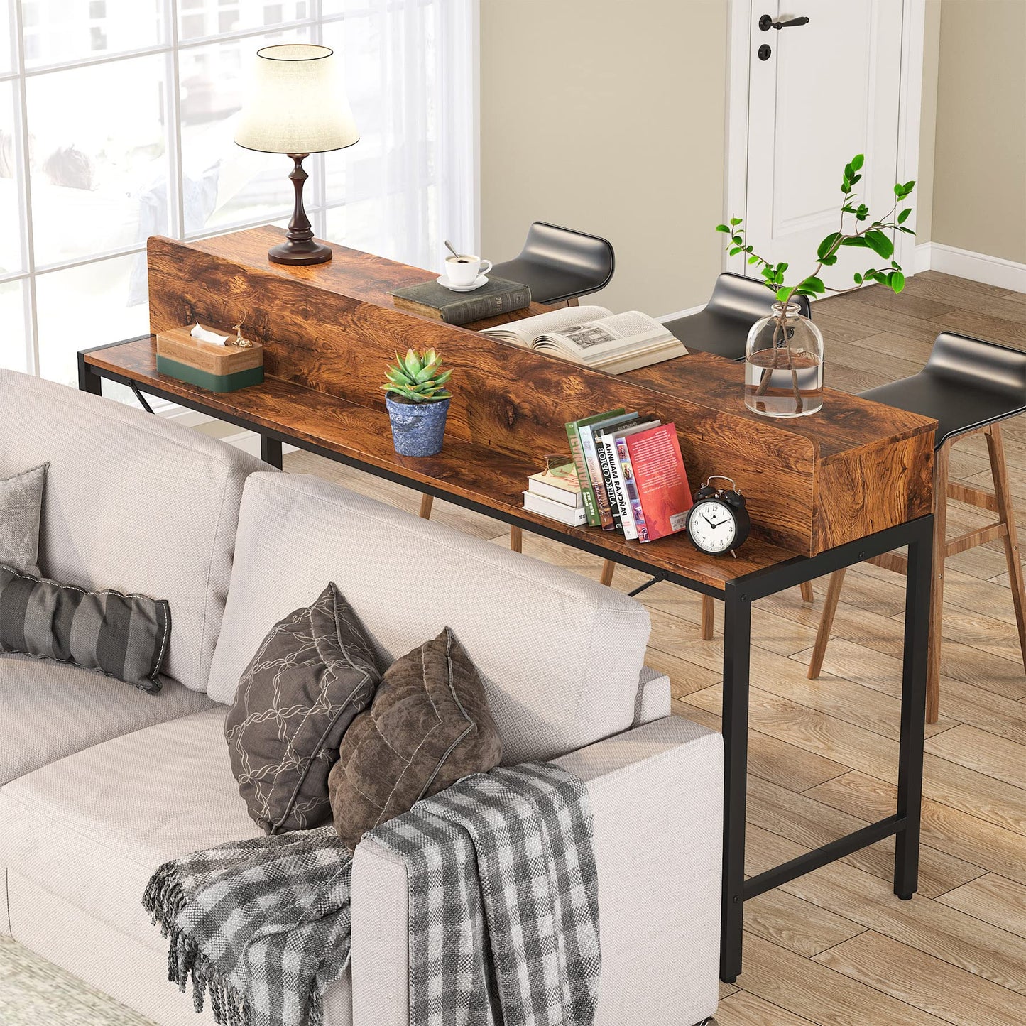 Tribesigns 71-Inch Extra Long Sofa Table Behind Couch, Narrow Console Table with Storage Shelves, Behind Couch Bar Table, Industrial Entryway Table for Living Room, Hallway, Rustic Brown