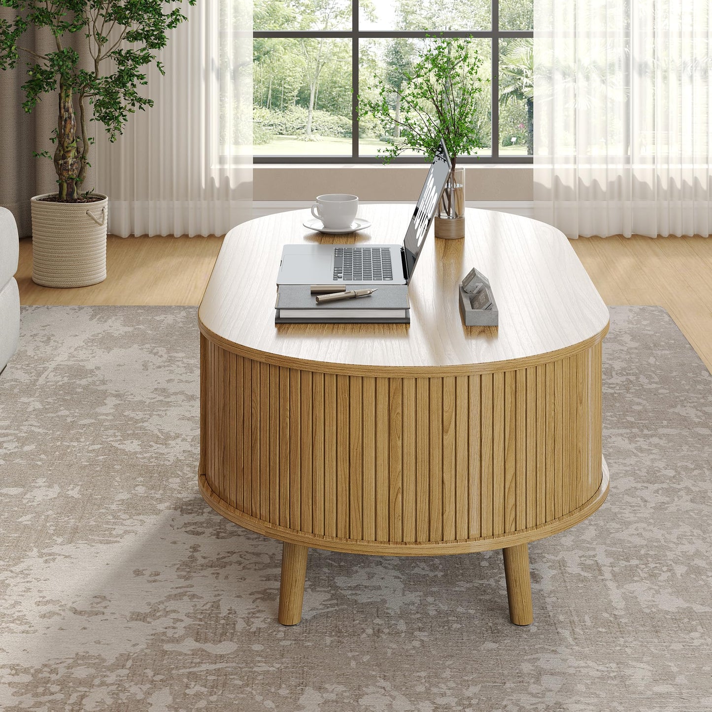 Alohappy Oval Coffee Table, Mid Century Modern Coffee Table with Sliding Tambour Door, Fluted Center Table with Hidden Storage, Curved Profile Dining Table for Living Room, Home Office,Natural Oak