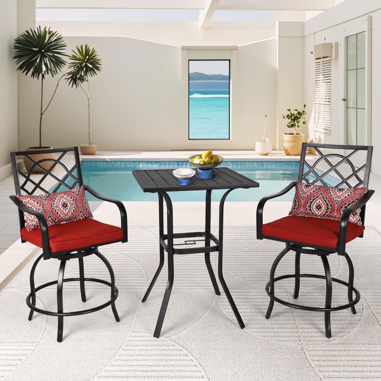 Incbruce Patio High Bar Table, 39" Height Bistro Table with 1.57'' Umbrella Hole, Square Outdoor High Top Table Metal Steel Frame and Slat Design (Slatted Tables Top), Black