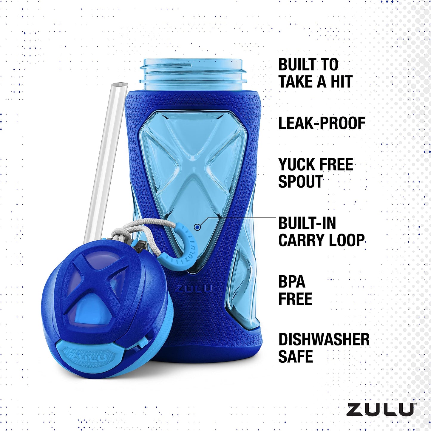 ZULU Torque 16oz Plastic Kids Water Bottle with Silicone Sleeve and Leak-Proof Locking Flip Lid and Soft Touch Carry Loop for School Backpack, Lunchbox, Outdoor Sports, Dishwasher Safe, Mojo Blue