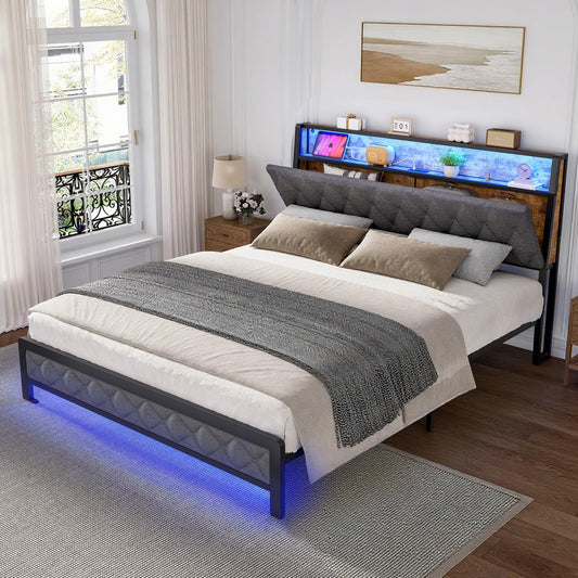 Ailisite Full Size Bed Frame with Storage Headboard and Charging Station, Led Bed Frame Full Size with Charging Station, Upholstered Platform Bed Frame with Hidden Storage, Easy Assembly, Dark Grey