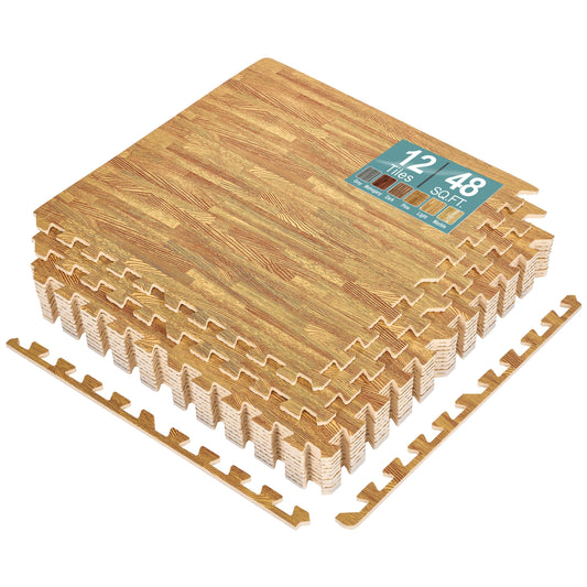 Sorbus 48Sq. Ft. Wood Grain Floor Tiles Foam Mat EVA Interlocking Mats Tile 3/8-Inch Thick Flooring Wood Puzzle Exercise Mats w/Borders - Home Playroom Basement, Apartment, Trade Show, Baby, Dance