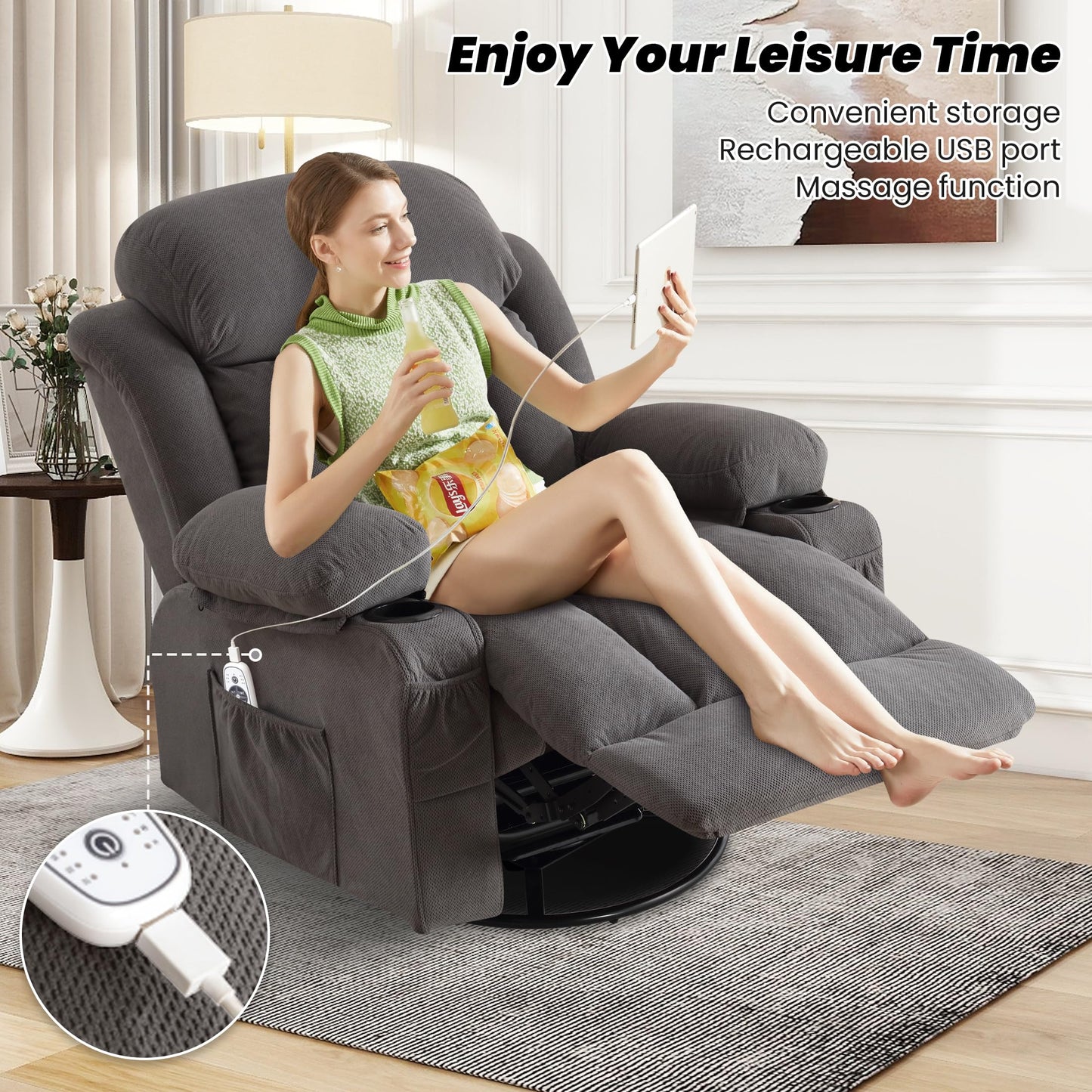 BOSMILLER Rocker Recliner Chair with Heat and Massage, Swivel Recliner Chairs for Living Room, with Cup Holders, Side Pockets and USB,Grey