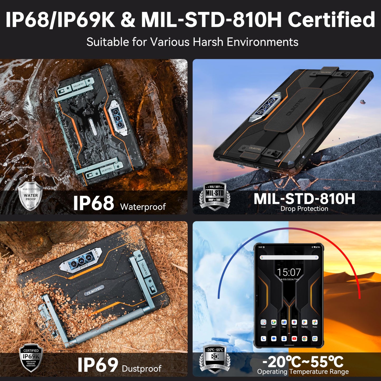 OUKITEL RT8 Android 14 Rugged Tablet - 11 inch Octa-Core MTK Helio G99 20000mAh Waterproof Tablets with Folding Stand, 12GB RAM+256GB ROM/1TB 48MP+32MP Camera Tablet PC, TÜV/IP68&IP69K/Dual SIM 4G LTE