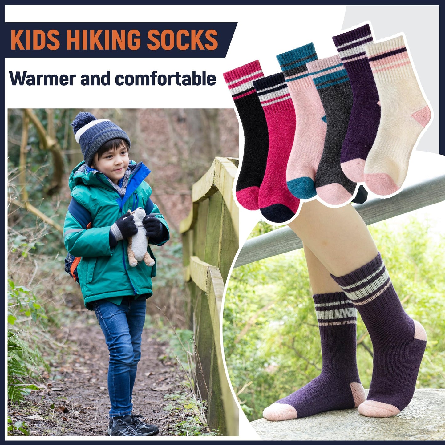 AMENLAN Kids Merino Wool Hiking Socks Boy Girls Winter Thick Boot Cushion Warm Thermal Crew Socks 6 Pairs (Purple Stripes,4-7 Years)