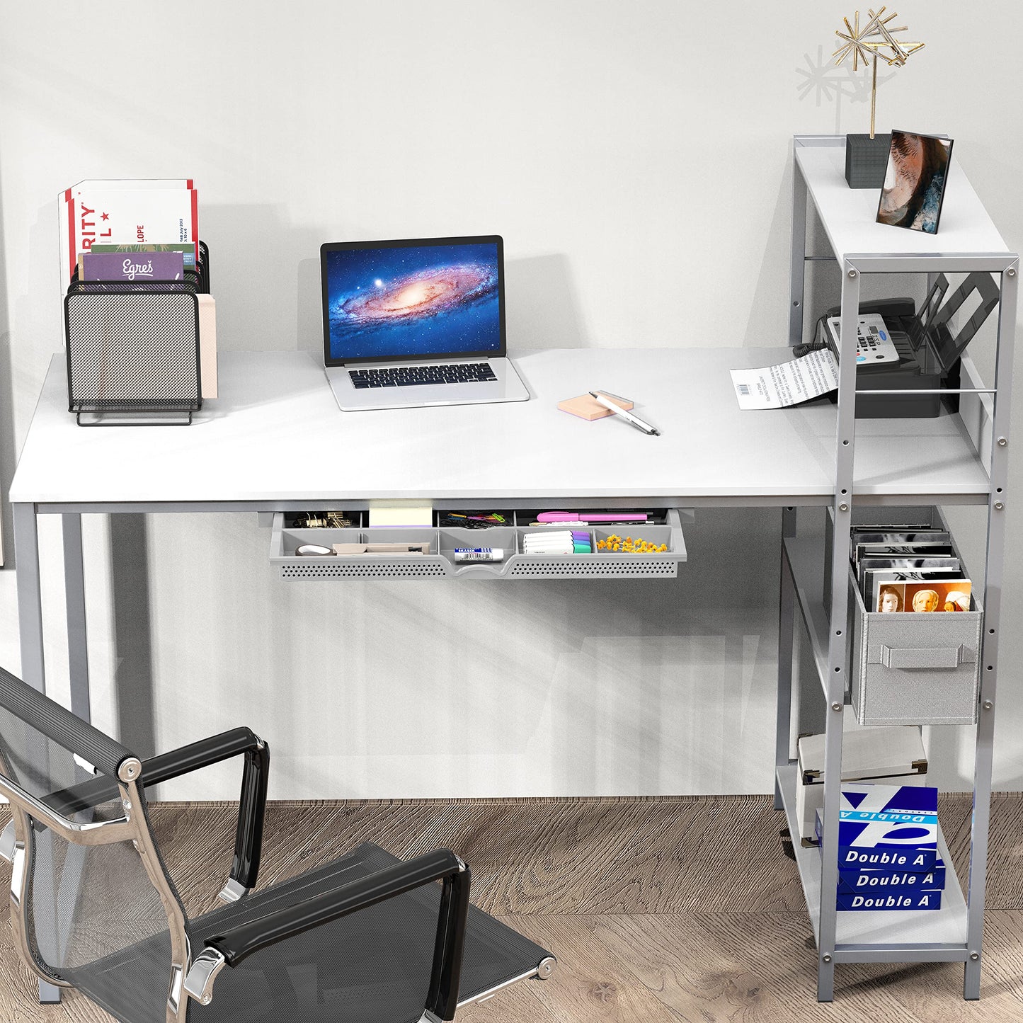 SHW 46-Inch Home Office Mission Computer Desk with Side Shelf and Drawer, White