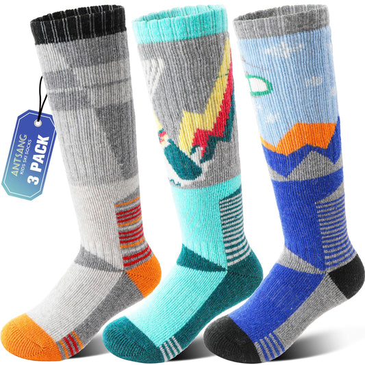 ANTSANG Kids Merino Wool Ski Socks for Girls Boys Teen Thermal Thick Warm Winter Hiking Knee High Stocking Stuffers Socks for Skiing Snowboarding(Skate A,8-12 Y)