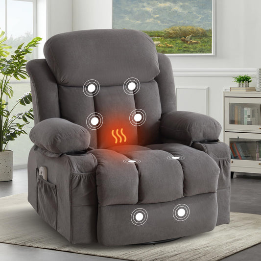 BOSMILLER Rocker Recliner Chair with Heat and Massage, Swivel Recliner Chairs for Living Room, with Cup Holders, Side Pockets and USB,Grey