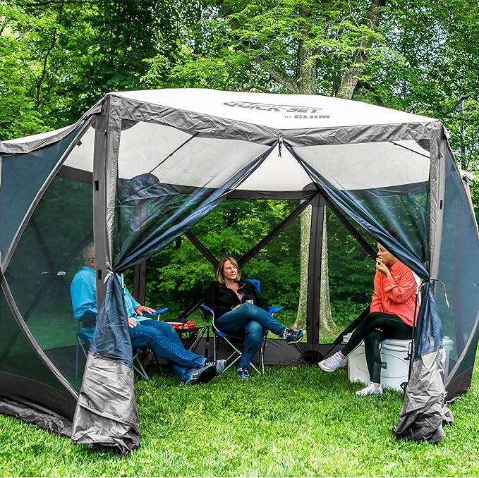 CLAM Quick-Set Escape Sport 11.5’ x 11.5’ Pop-Up Outdoor Camping Gazebo Instant Screen Tent 6-Sided Canopy Shelter with 6 Wind and Sun Panels, Gray