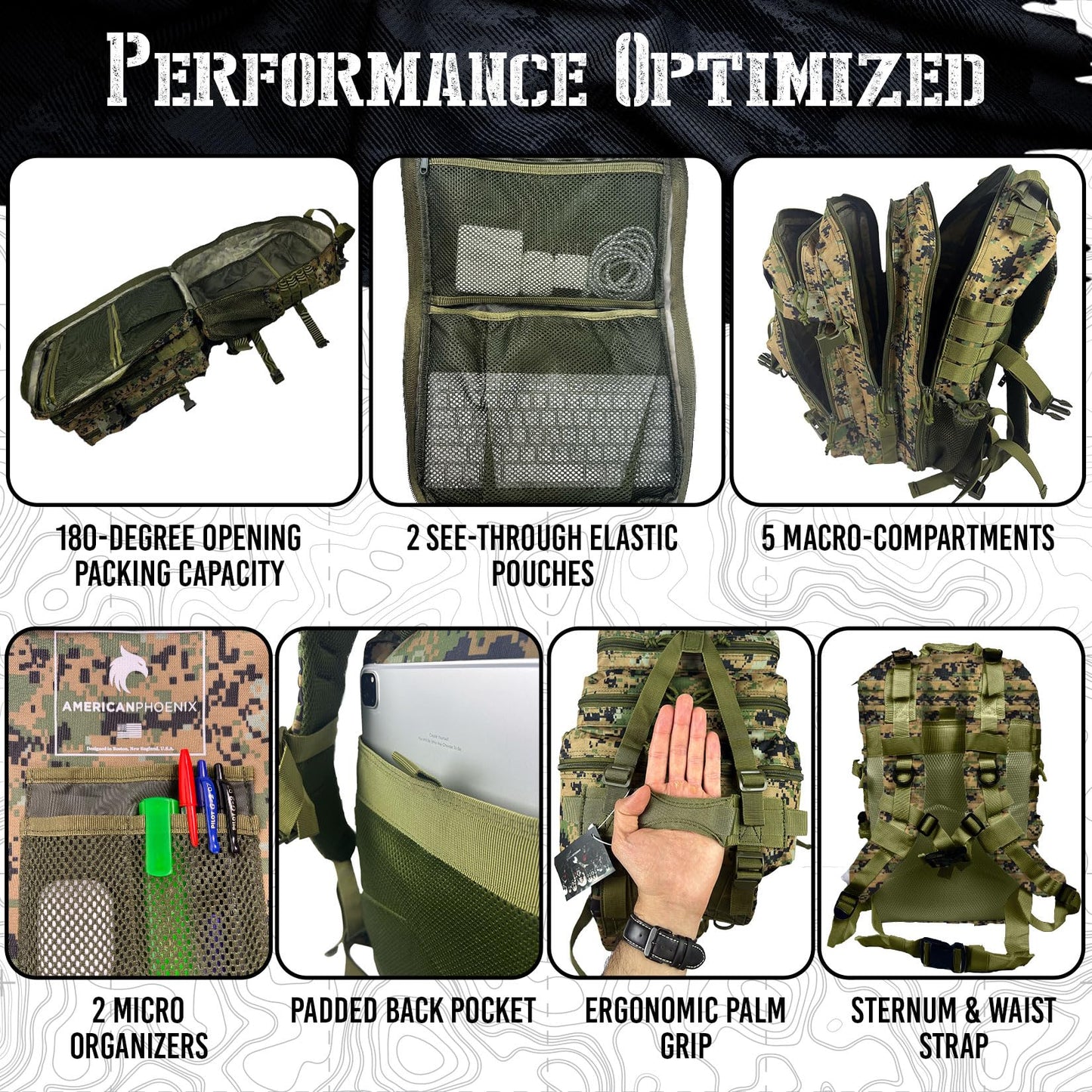 AMERICANPHOENIX 45L Elite Tactical Backpack | 3X Stronger Work & Military Backpack | Water Resistant and Heavy Duty | 3 Day MOLLE Bug Out Bag (Mossy Woods)