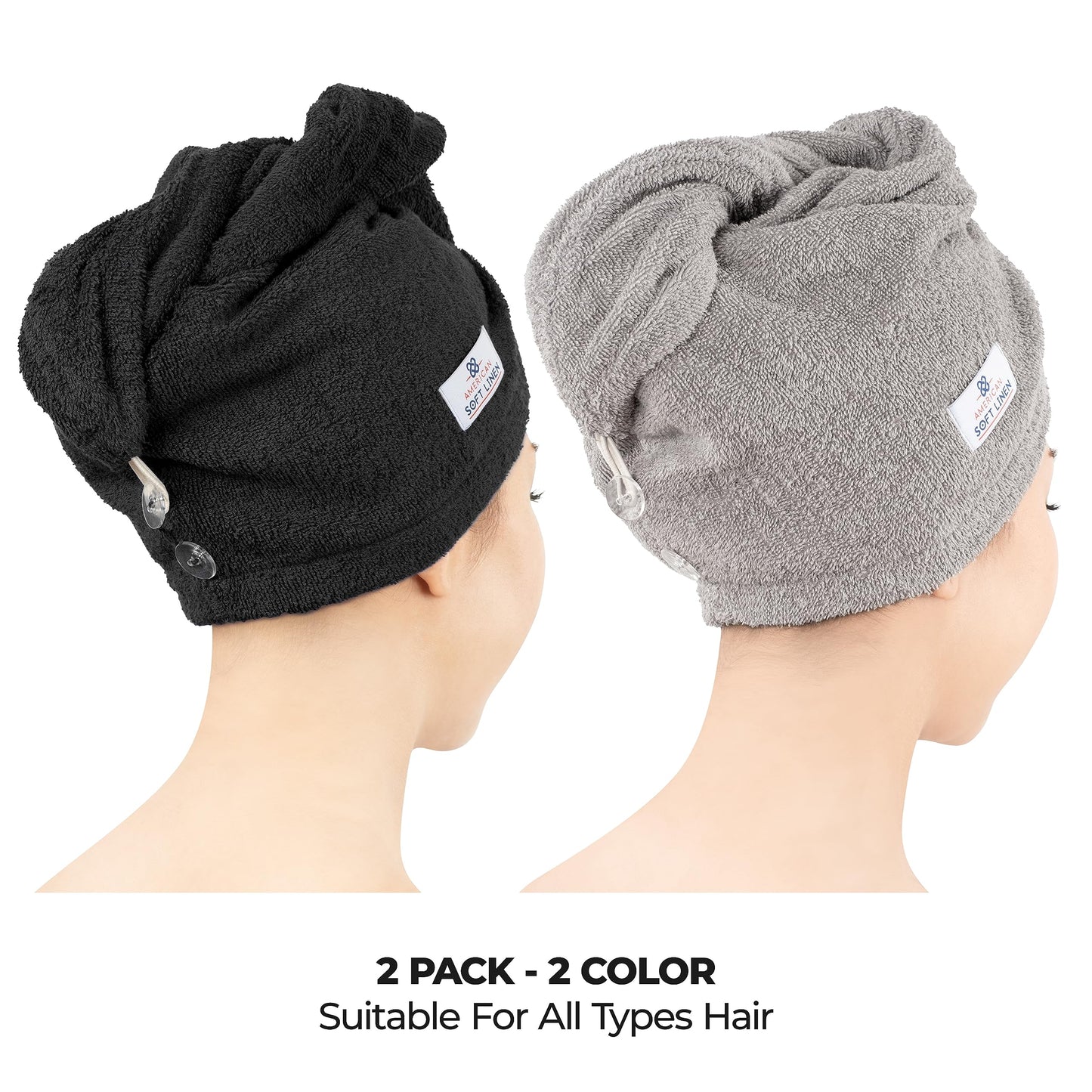 American Soft Linen 100% Cotton Hair Towels for Women, Head Towel Cap, Cotton Hair Turban Towel Wrap, Soft and Absorbent 2 Pack, Black-Light Gray