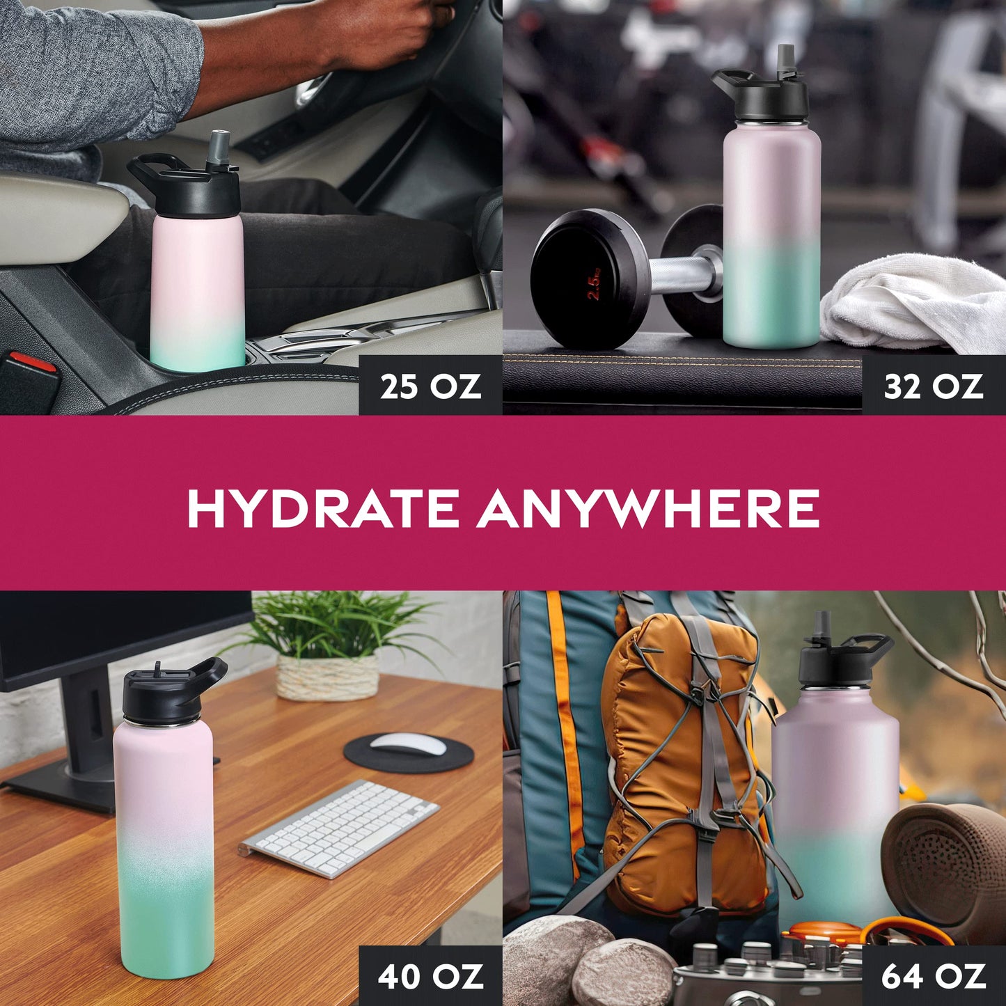 FineDine Triple Walled, Insulated Water Bottles with Straw - 40 Oz Stainless Steel Metal Bottle W/ 3 Leak Proof Lids - For Travel, School, Sports, Gym / Men, Women & Kids - Dreamy Pink-Green