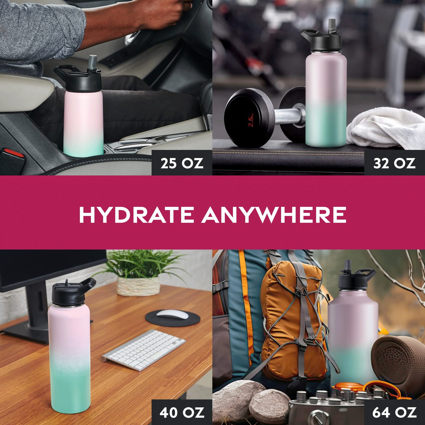 FineDine Triple Walled, Insulated Water Bottles with Straw - 25 Oz Stainless Steel Metal Bottle W/ 3 Leak Proof Lids - For Travel, School, Sports, Gym / Men, Women & Kids - Dreamy Pink-Green
