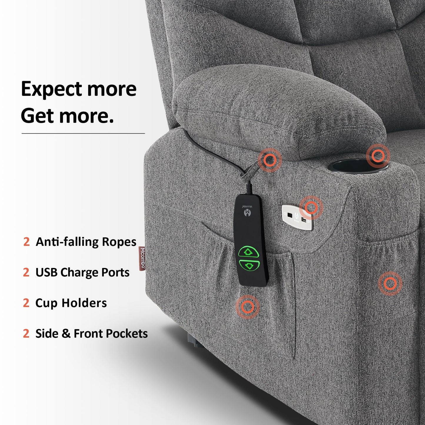 MCombo Power Lift Recliner Chair with Extended Footrest for Elderly People, Fabric 7287 (Dark Gray, Medium)