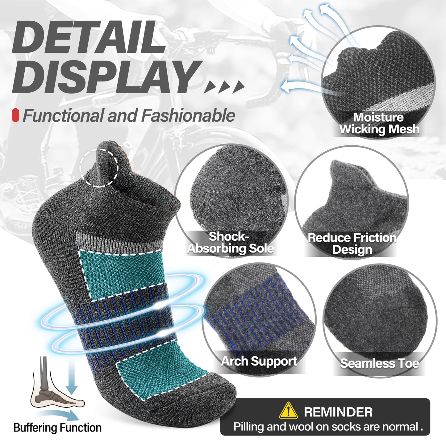 Anlisim Merino Wool Quarter Hiking Socks Compression Warm Thermal Winter Thick Cushion Running Moisture Wicking No Show Socks Gifts Stocking Stuffers for Women Men 6 Pairs(Grey,L)